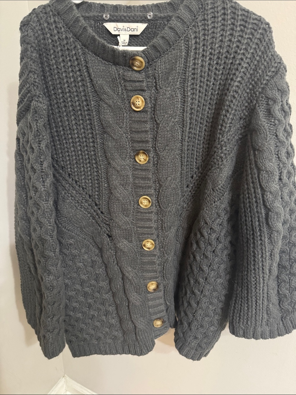 DAVI & DANI Charcoal Cable-Knit Button Front Cardigan